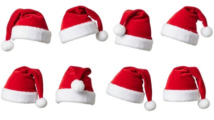 Big set of realistic Santa Hats, rand White Santa Claus Hats in Various Shapes Isolated on White Background