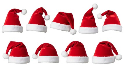 Big set of realistic Santa Hats, rand White Santa Claus Hats in Various Shapes Isolated on White Background