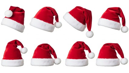 Big set of realistic Santa Hats, rand White Santa Claus Hats in Various Shapes Isolated on White Background