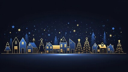 Christmas and Happy New Year greeting banner with Gold and Blue Line-Art Trees and Houses on Dark Winter Background , Elegant Holiday Illustration