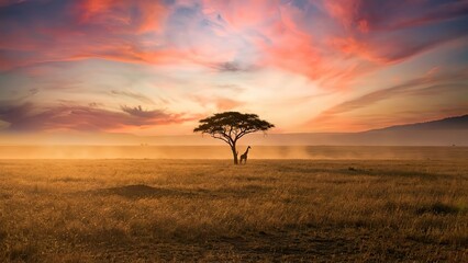 Majestic African Savanna Sunrise with Lone Acacia Tree and Giraffe Silhouetted Against Fiery Sky