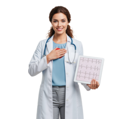 Cardiologist promoting regular heart health screening with electrocardiogram results on tablet device to support cardiology service marketing and patient education about cardiovascular risk