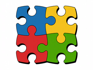 Vibrant four-piece interlocking puzzle elements connecting for teamwork and complex problem solving concept