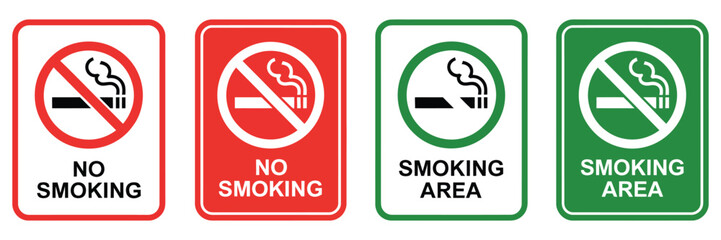 No Smoking Area and Smoking Area Sign, Printable Red Stop Symbol Set, Ban Silhouette Icon Design Template, Workplace and Public Safety Awareness, Vector Poster and Label