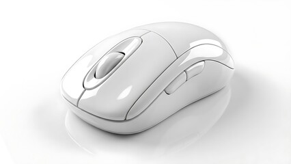 White computer mouse on a clean, reflective surface. technology.