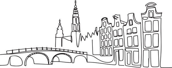 Single one line drawing Amsterdam, Netherlands. City concept. Continuous line draw design. one line Icon drawing