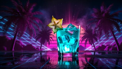 Stunning neon cocktail glows against a vibrant retro vaporwave sunset with palm trees and grid