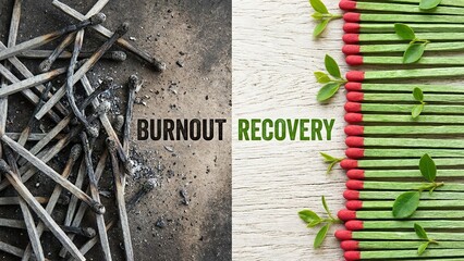 Burnout recovery concept with burnt matches and fresh green matches