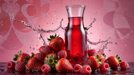 Stunning splash of fresh strawberries and raspberries surrounding a vibrant red berry drink pitcher
