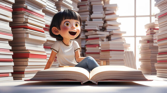 Excited child reading a large book surrounded by stacks of books  