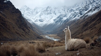 Obraz premium Llama Sits on a Mountain Slope in the Andean Region of Peru, Representing Patience and Humility in Local Culture