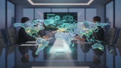 Global business connections visualized on a modern conference room table