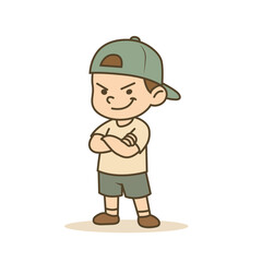 Mischievous Boy with Folded Arms and Green Cap cartoon illustration, Vector illustration in flat style.