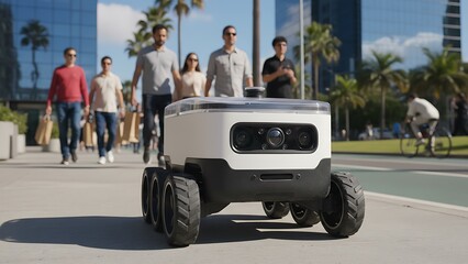 Autonomous delivery robot navigates a modern urban street with people walking