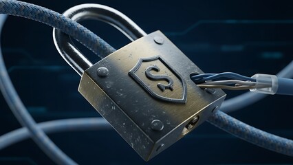 Padlock secures network cable, representing digital data security and protection