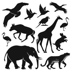 Naklejka premium Vector illustration collection of various wild animal silhouettes including elephant, giraffe, bird, and big cat