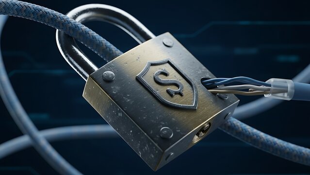 Padlock secures network cable, representing digital data security and protection - Powered by Adobe