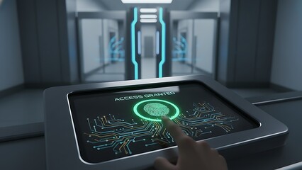 Fingerprint scan grants access to futuristic secure building interior