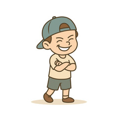 Laughing Boy with Arms Crossed and Backwards Cap cartoon illustration, Vector illustration in flat style.	