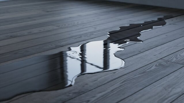 Water spreading across floorboards from a hidden pipe leak in minimalistic room setting with smooth reflections