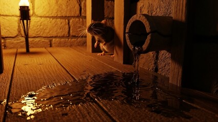 Outdated sewage systems concept with water dripping from a pipe and a mouse on wooden floor
