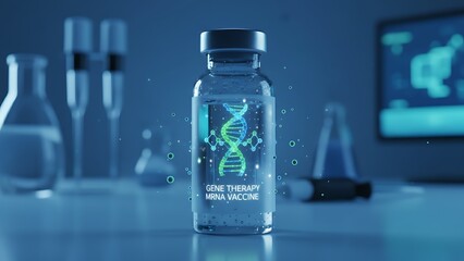 Gene therapy vial with dna helix symbol on blue lab background