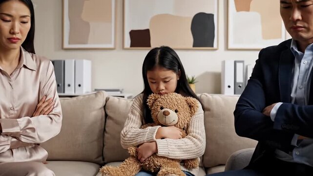 Parents Arguing While Child is Distressedwith Distressed Child Hugging Teddy Bear at Therapy Session for Family Counseling and Social Awareness