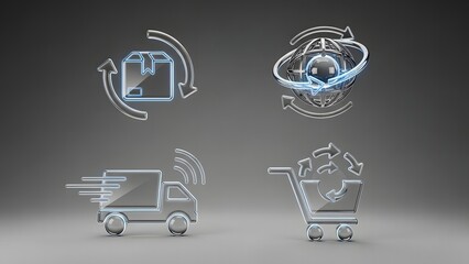 Dynamic 3D Icons Illustrating E-commerce Solutions, Global Supply Chain, Expedited Delivery, and Online Shopping Logistics for Modern Business Efficiency