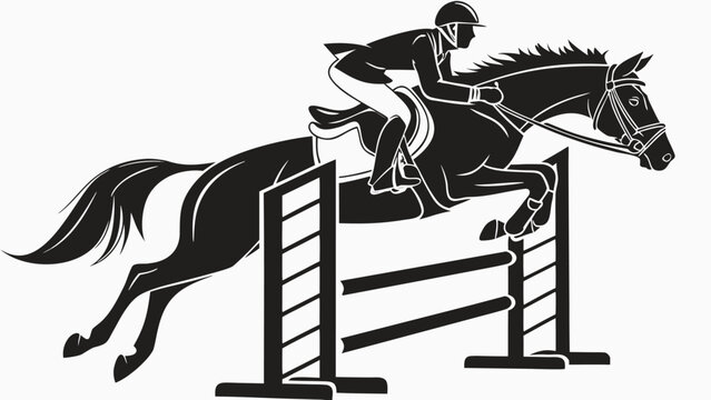 Vector illustration black silhouette of a horse and rider elegantly jumping over an obstacle