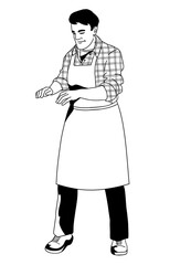 Man Vendor wearing apron on white background hand-drawn vector illustration