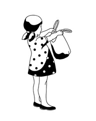 standing small girl with reusable shopping bag on white background hand-drawn vector illustration