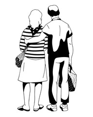 standing Couple man and woman hugging view from behind on white background, hand drawn vector illustration