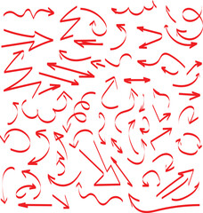 Hand drawn red arrow collection on white background for design elements.