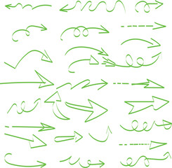 Hand drawn green arrow collection on white background for design elements.