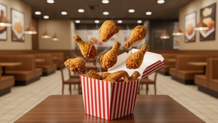 Deliciously crisp fried chicken pieces dynamically flying into a classic red and white striped takeaway bucket on a wooden table in a restaurant setting