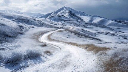 Snowy winding road leading through mountains under cloudy sky during winter season in a remote area