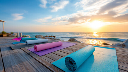 Serene ocean view yoga deck at sunset with mats for wellness retreat, coastal meditation platform, seaside practice space, waterfront mindfulness setting, peaceful oceanfront spiri