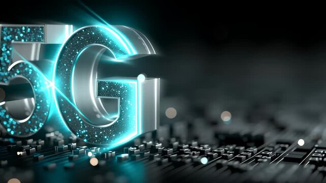 Futuristic 5G Network Technology Concept with Glowing Digital Typography and Microchip Background