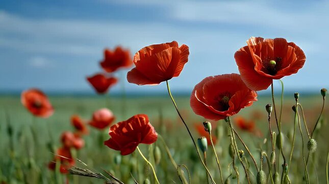Vibrant red poppies blooming in a field under a bright blue sky