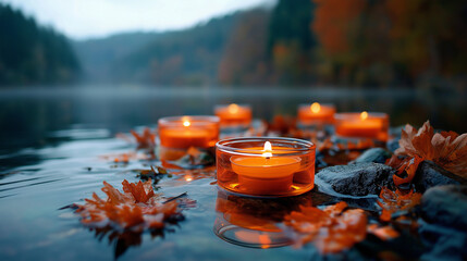 Floating orange candles on misty lake with autumn forest, serene spa and yoga meditation background, seasonal wellness promotion, calm nature scene, peaceful water ritual display, 