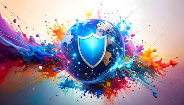 security shield and lock on blue background for global security