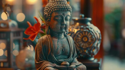Video A serene Buddha statue sitting on a table, perfect for meditation or decorative purposes