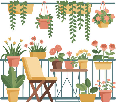 Balcony with many potted flowers, chair and table. Urban garden landscape vector illustration