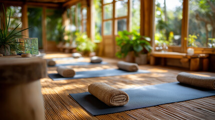 Bamboo yoga studio with mats laid out, serene space for wellness retreat, natural meditation interior, sustainable practice environment, eco-friendly spirituality sanctuary, organi