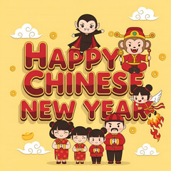 Naklejka premium Joyful illustration of a vibrant Chinese New Year celebration featuring traditional characters, festive decorations, and a cheerful holiday greeting with auspicious elements