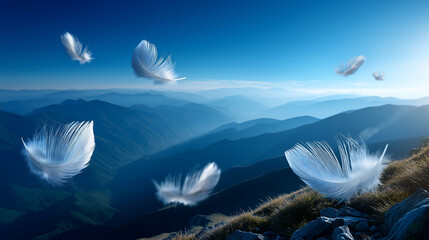 Serene mountain landscape with ethereal floating feathers evokes peace and tranquility, perfect for mindfulness campaigns or spiritual retreats, lightness visualization, gentle nat