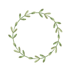 A round frame of green branches with leaves on an isolated background. Watercolor illustration of a wreath of thin branches in natural colors. A botanical template with an empty space for an