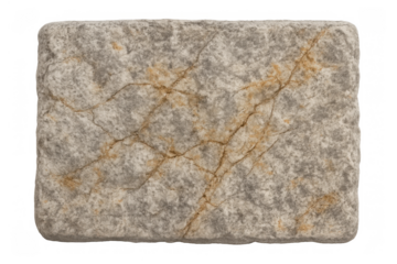 Rough gray stone block with natural brown veins and cracked texture, isolated on transparent background rectangle object