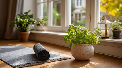 Yoga mat in serene room with large window and potted plant, tranquil space for meditation and relaxation, botanical wellness interior, natural light contemplation sanctuary, with c