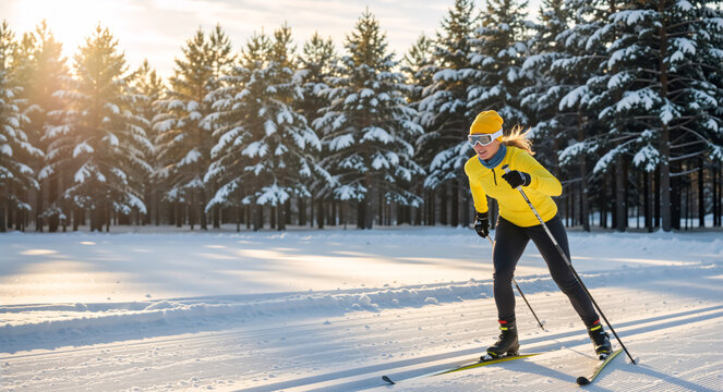 Cross-country skier woman skiing on a snowy track in a winter forest. Active female athlete training outdoors during sunset. Winter sport and healthy lifestyle concept with copy space - Powered by Adobe